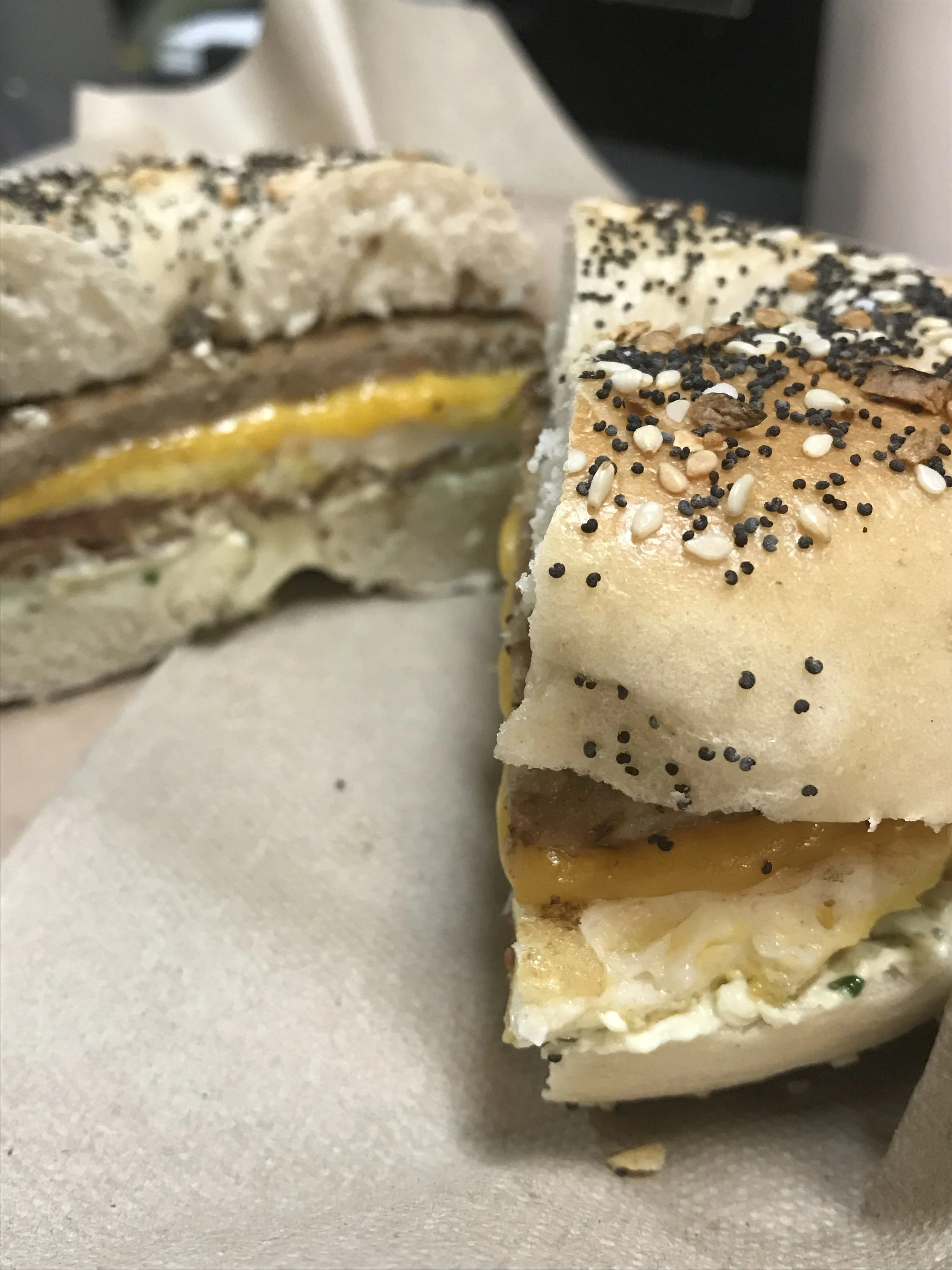 Sausage, Bacon. Egg, and Cheddar on a Works