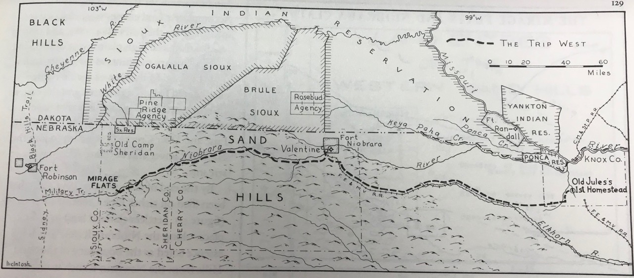 C. B. McIntosh's map of Old Jules Sandoz's journey from his Verdigre homestead to Mirage Flats