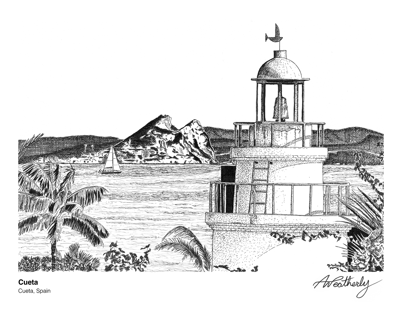 An intricate pen-and-ink illustration capturing the coastal charm of Ceuta, Spain. Featuring a domed lighthouse, tropical foliage, and a sailboat passing the silhouette of the Rock of Gibraltar across the water, this print brings a timeless nautical 