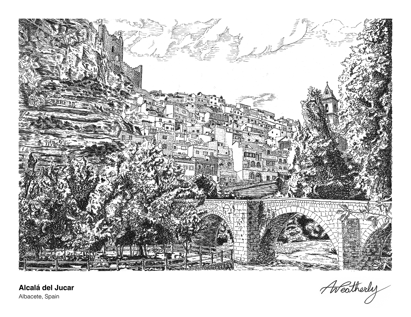An intricate pen-and-ink architectural drawing capturing the dramatic cliffside village of Alcalá del Júcar in Albacete, Spain. The fine line illustration highlights the historic stone bridge, tiered houses, and crowning castle overlooking the river.