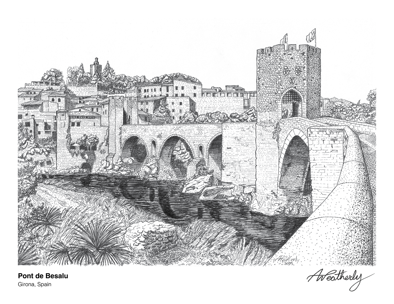 An intricate pen-and-ink architectural drawing capturing the famous 12th-century stone bridge and fortified tower in Besalú, Spain. The fine line illustration emphasizes the sweeping arches over the river and the historic village rising in the backgr