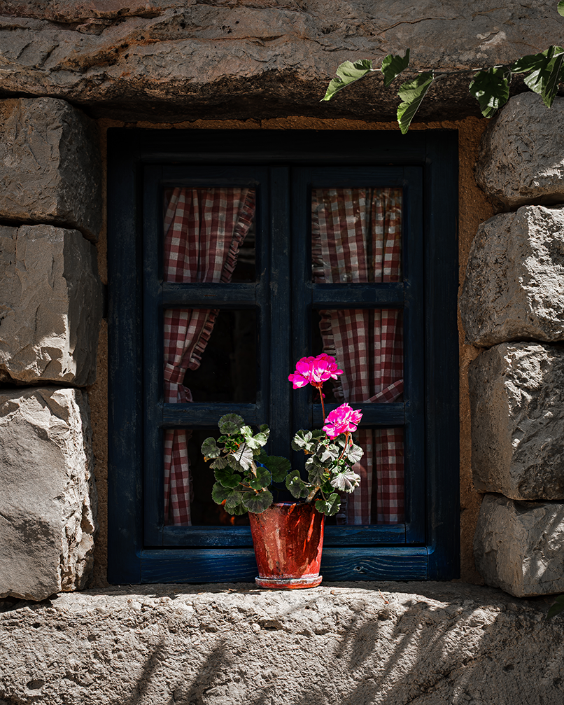 An intimate look at rustic Mediterranean architecture in Šibenik, Croatia. A vibrant potted pink geranium sits on the stone sill of a traditional cottage window, complete with dark blue frames and checkered curtains. This print captures the cozy, Old