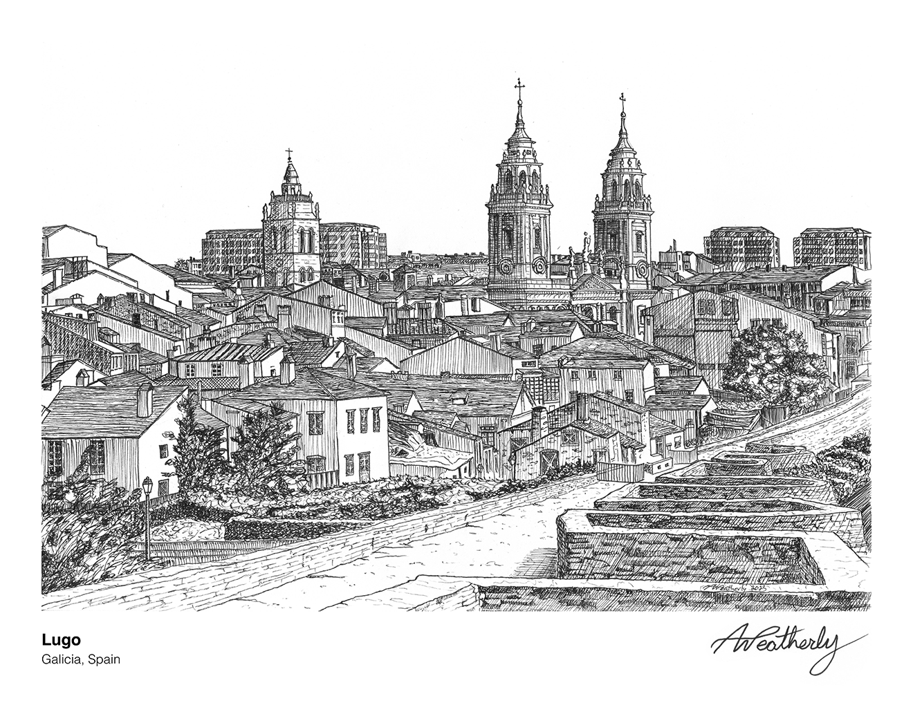 An intricate pen-and-ink architectural drawing capturing the historic skyline of Lugo in Galicia, Spain. The artwork features the ancient Roman walls leading the eye toward the towering spires of the Cathedral of Saint Mary. A timeless piece perfect 