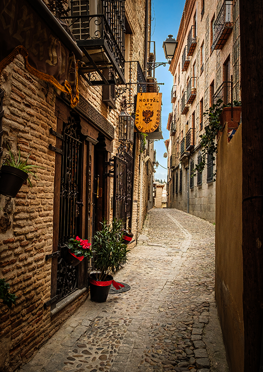 A picturesque view down a historic cobblestone street in Toledo, Spain. Warm sunlight highlights the rich brick textures, potted flowers, and classic wrought-iron balconies lining the narrow alleyway. This fine art photograph captures the authentic O