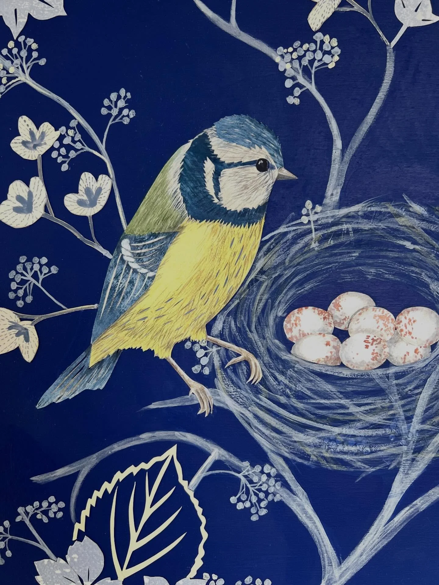 It&rsquo;s a glorious day in Devon! - sunshine and blue skies and little birds collecting moss from the lawn in my garden.  This is a sneak peek of a new collage painting, soon to be in my solo exhibition @the_englishartist gallery in May.  As you al