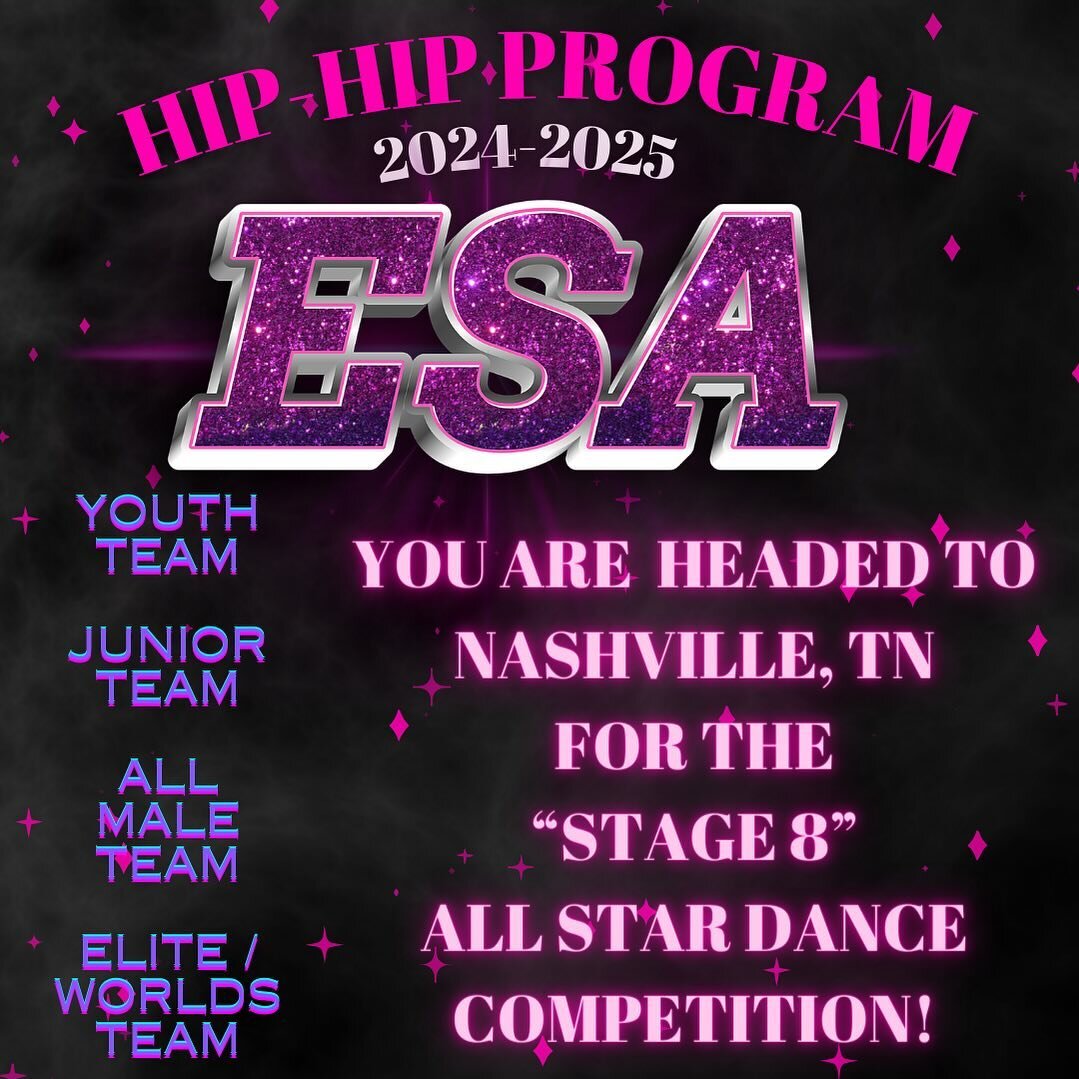Surprise #2 for Season 13!!😍 Our HIPHOP program is growing &amp; we couldn&rsquo;t be more excited to take our Youth, Jr, All Male &amp; Worlds teams to Nashville, TN this season! The Stage 8 competition is SO amazing!! 💕✨ 

Are you ready to join u
