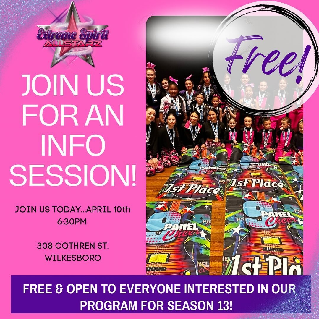 🎉TODAY IS THE DAY!🎉
Join us for an information session regarding season 13 @ ESA! Open to the public &amp; our current ESA families! 

✨Gym Tour! 
✨Information regarding all of our many programs! 
✨Competition schedule information for each type of 