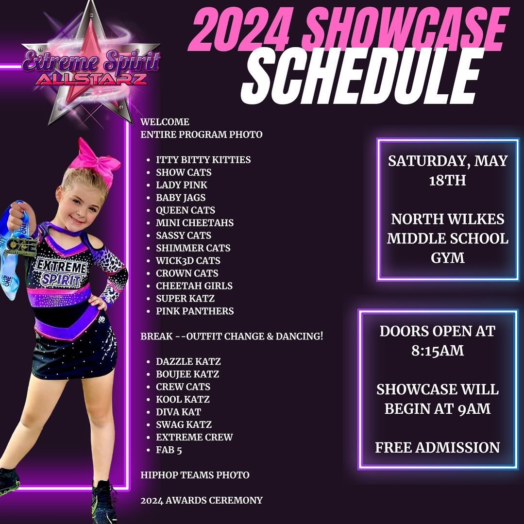 Join us this Saturday for our 2023-2024 Showcase Day! Admission is FREE! This is the best time to watch our teams show off their routines from ages 3-18 years old. 

See if your child is ready to join us next season! Find our staff and ask any questi