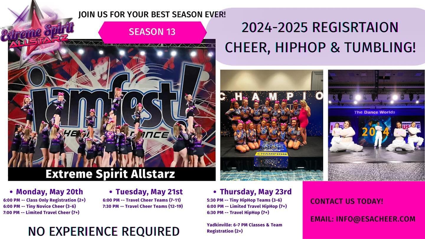 Registration &amp; Team Evaluations begin tomorrow👏🏼

A FEW REMINDERS: 
⚡️Classes include: Tumbling (2+), Hiphop Dance Class (7+) &amp; Allstar Cheer Class (7+)! 

✨We have Competitive Cheer &amp; Hiphop teams for ages 3+ with options of limited tr