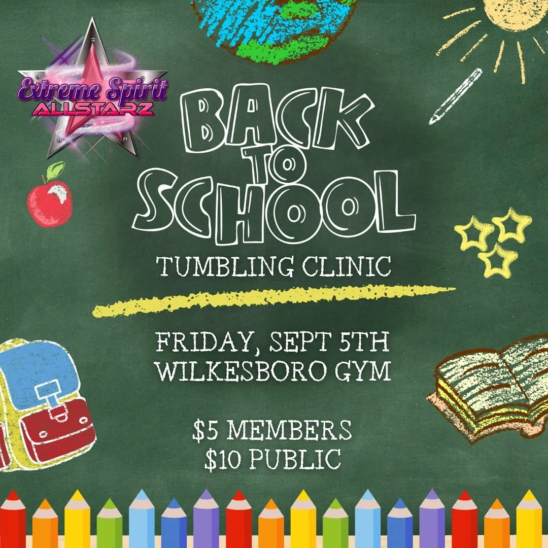What better way to celebrate returning to school??😍 

📆Friday, September 5th 
📍Wilkesboro Gym 
⏰6:00-7:00pm 

Click the link to register 👉🏼https://portal.iclasspro.com/extremespirit/camps/1?sortBy=name