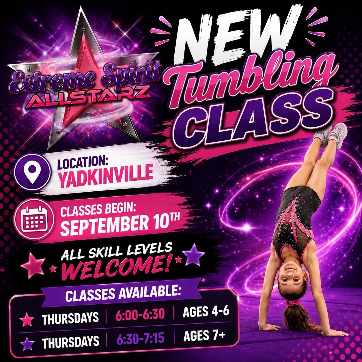 🤸&zwj;♀️✨ YADKINVILLE &mdash; IT&rsquo;S TIME TO TUMBLE! ✨🤸&zwj;♀️

Extreme Spirit Allstarz is excited to offer a NEW Tumbling Class in Yadkinville, and enrollment is OPEN! 💜🩷

Whether your athlete is brand new to tumbling or ready to keep buildi