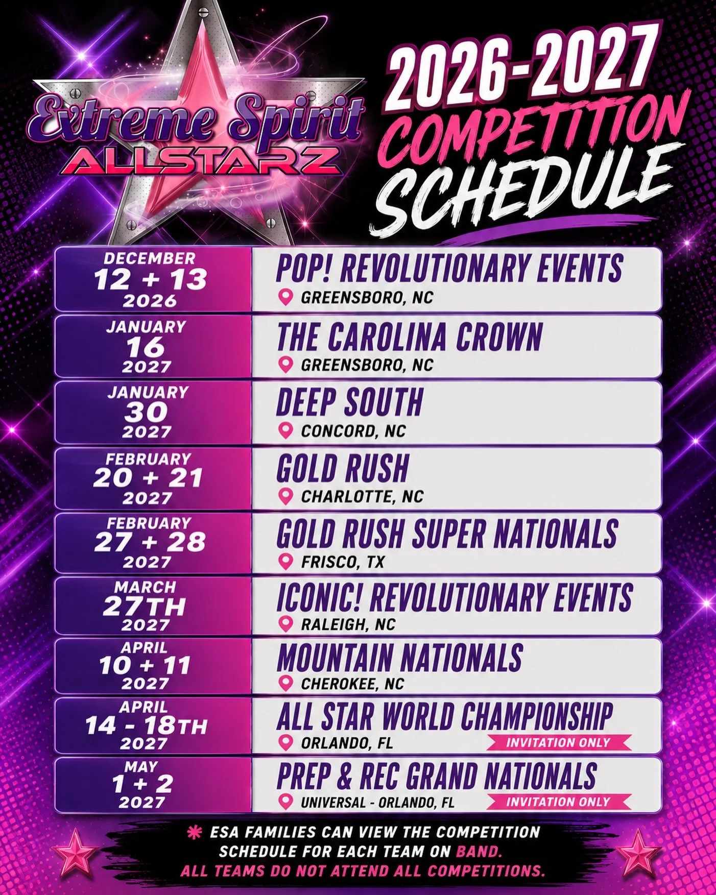 ✨💖 ESA FAMILIES &mdash; COMP SCHEDULE IS LIVE💖✨

Our 2026&ndash;2027 Extreme Spirit Allstarz Competition Schedule is HERE and finalized! ⭐️💜

We are SO excited for another season of big dreams, hard work, unforgettable moments, and taking the mat 
