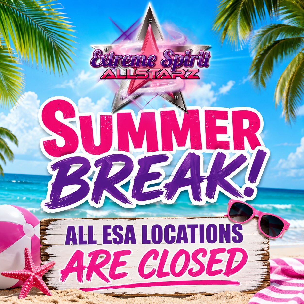 ☀️ SUMMER + BACK TO SCHOOL BREAK ☀️

🌟 ALL ESA LOCATIONS ARE CLOSED THIS WEEK! 🌟

Enjoy the break, relax, recharge, and have an amazing week! 💜🩷

We can&rsquo;t wait to see everyone back soon! ⭐

&mdash; Extreme Spirit Allstarz