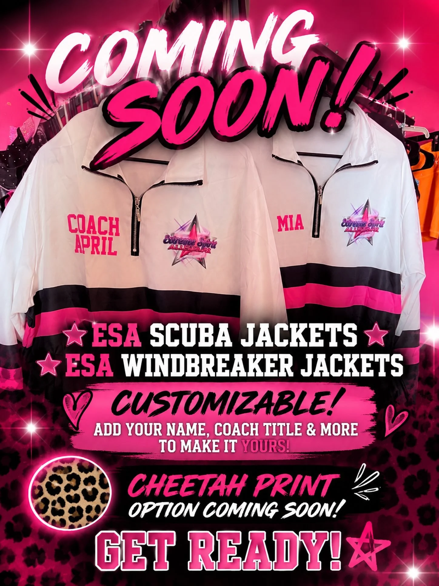 🔥 COMING SOON TO ESA! 🔥

✨ ESA SCUBA JACKETS
✨ ESA WINDBREAKER JACKETS

💖 CUSTOMIZABLE!
Add your name, coach title &amp; more to make it YOURS!

🐆 CHEETAH PRINT OPTION COMING SOON!

The ESA jacket game is about to level ALL THE WAY UP! 💕🖤

👀 G