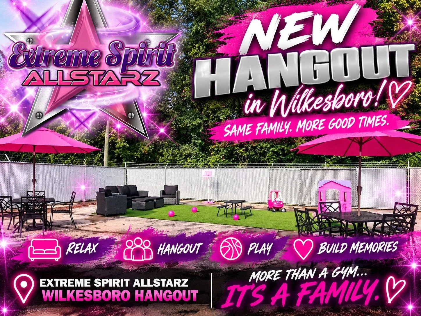 🎀✨ BIG NEWS, ESA WILKESBORO! ✨🎀

Our NEW HANGOUT AREA is ready! 💕 We wanted to create a space where our ESA families can relax, hang out, play, and make memories together while spending time at the gym.

Grab a seat under the pink umbrellas, let t