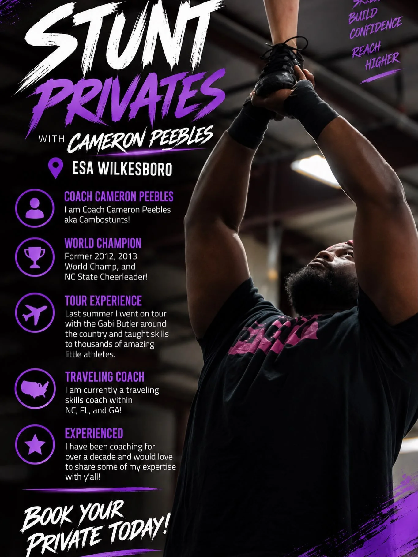🚨💜 NOW OPEN TO THE PUBLIC! 💜🚨

Ready to take your stunting skills to the next level OR wanting to try something new?? 😍

Private stunting lessons with Coach Cameron Peebles are now open to EVERYONE! Whether you&rsquo;re looking to build new skil