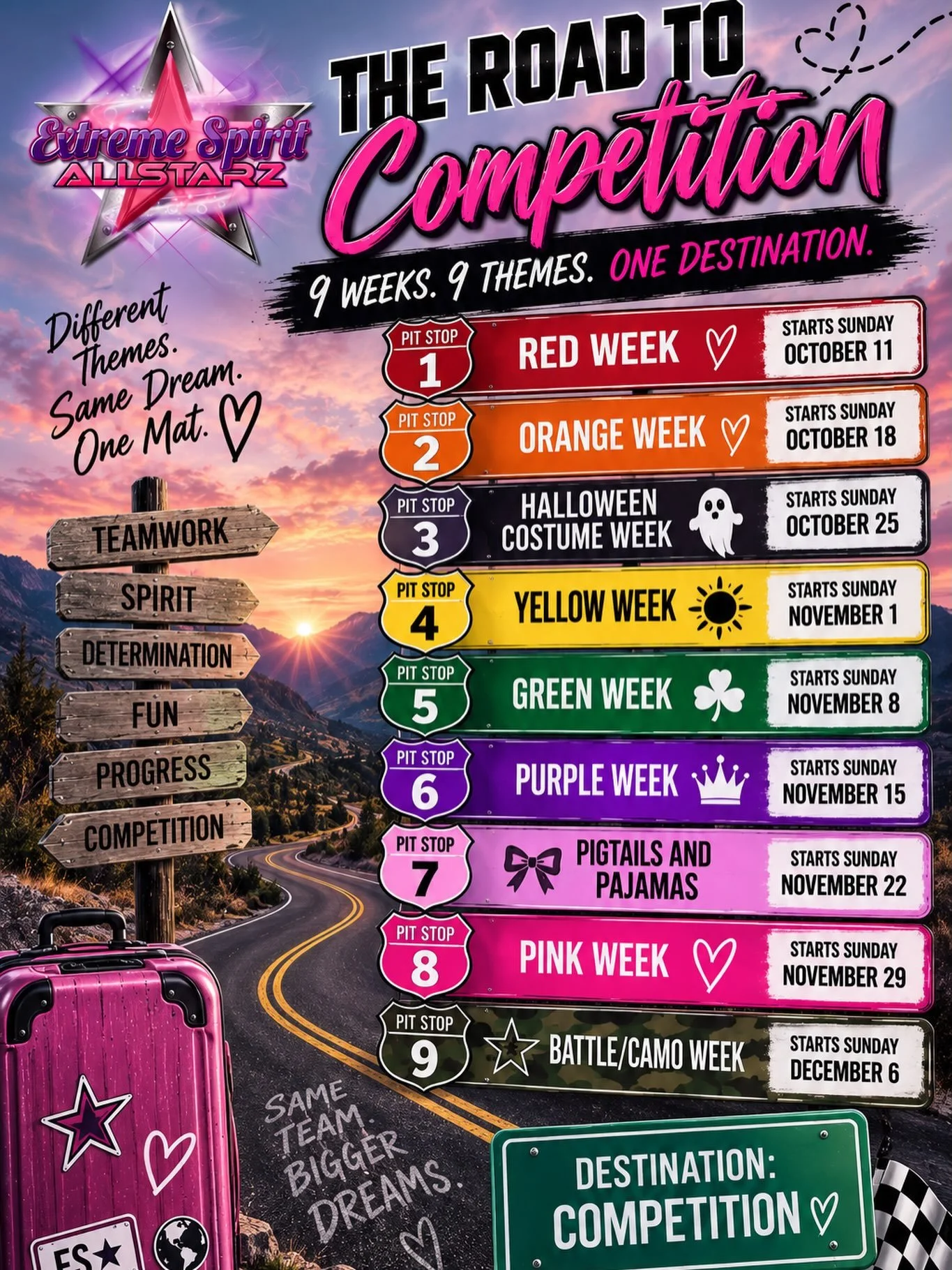 📣💗 EXTREME SPIRIT FAMILIES &mdash; GET READY TO HIT THE ROAD! 🛣️🏁

Competition season is almost here, and we are SO excited to be SO close! The countdown is officially ON!

This season, we&rsquo;re making the journey to competition even more fun!