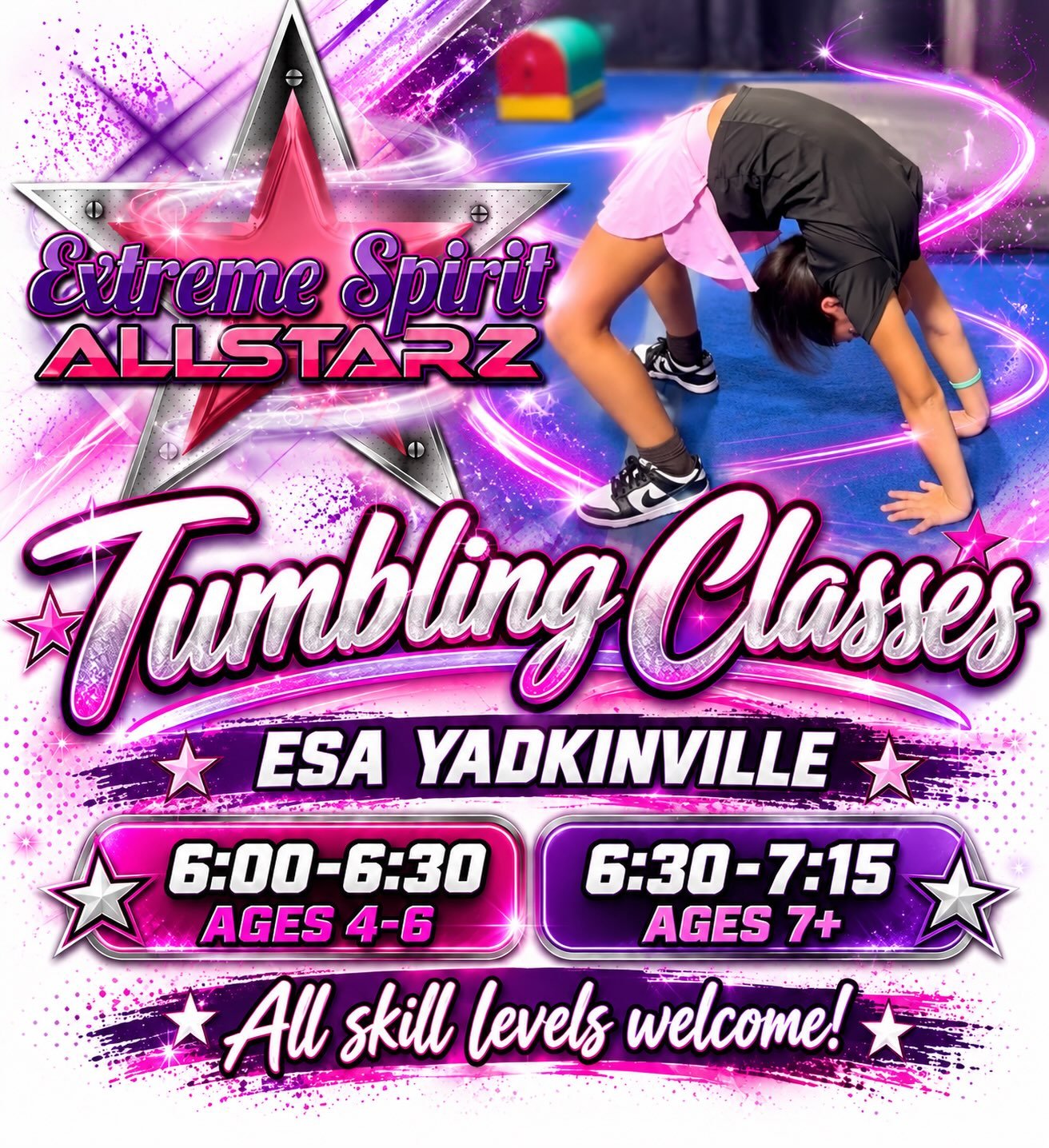 💖💜 LET&rsquo;S GET READY TO TUMBLE! 💜💖

Ready to flip, tumble, and build confidence? 🤸&zwj;♀️✨ Whether you&rsquo;re just starting out or looking to improve your skills, we have a spot for YOU!

📍 ESA Yadkinville

⏰ CLASS TIMES:

💗 6:00&ndash;6