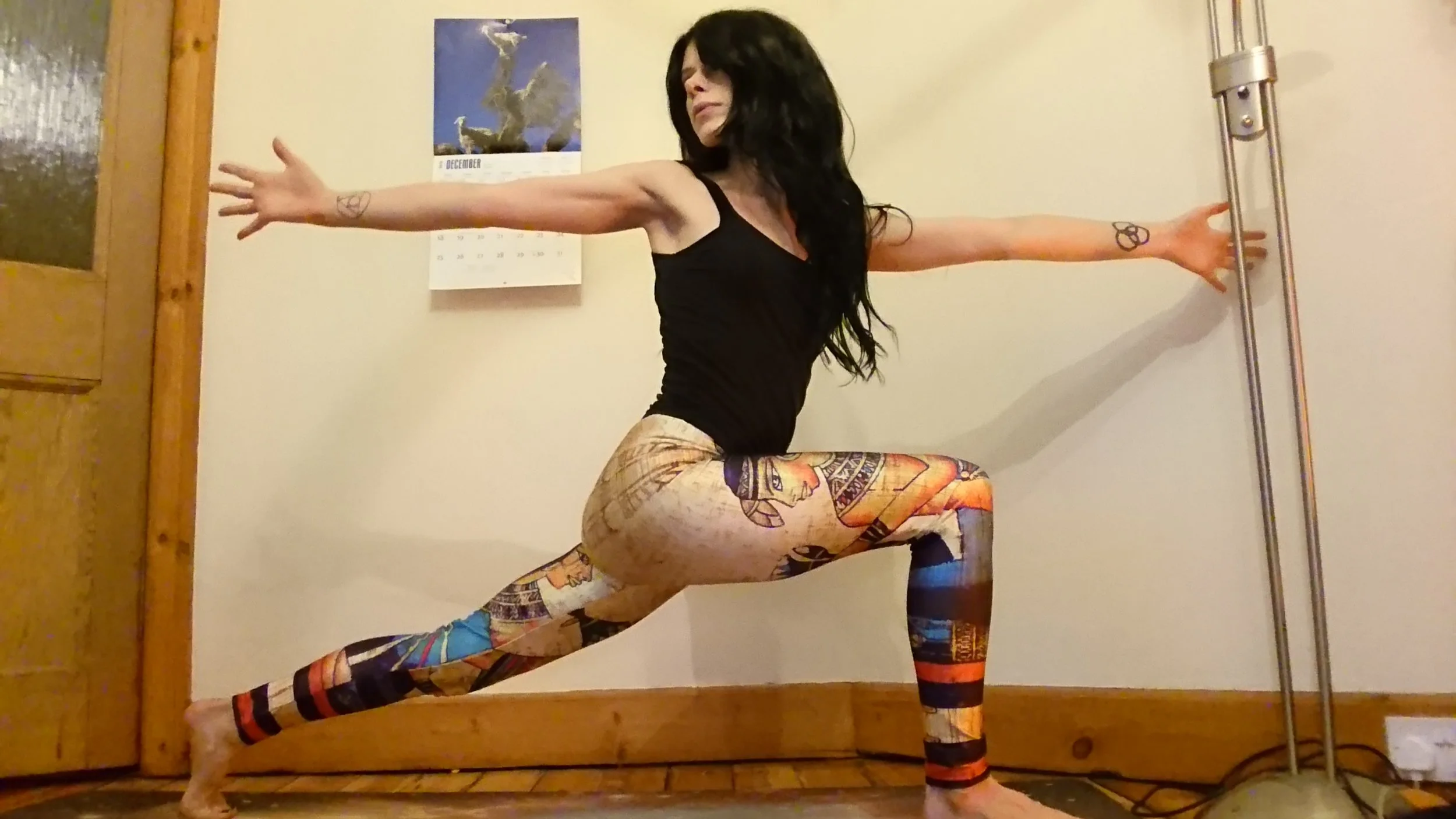 Another twist in a High Lunge here, and more of a challenge for your balancing skills! Take the arm that’s at the same side as your bent front knee and twist from the waist, reaching towards the back of your mat whilst bringing the other arm towards the top of the mat. Keep your arms parallel with the ground, and if you’re feeling confident, have a look back towards your hand!
