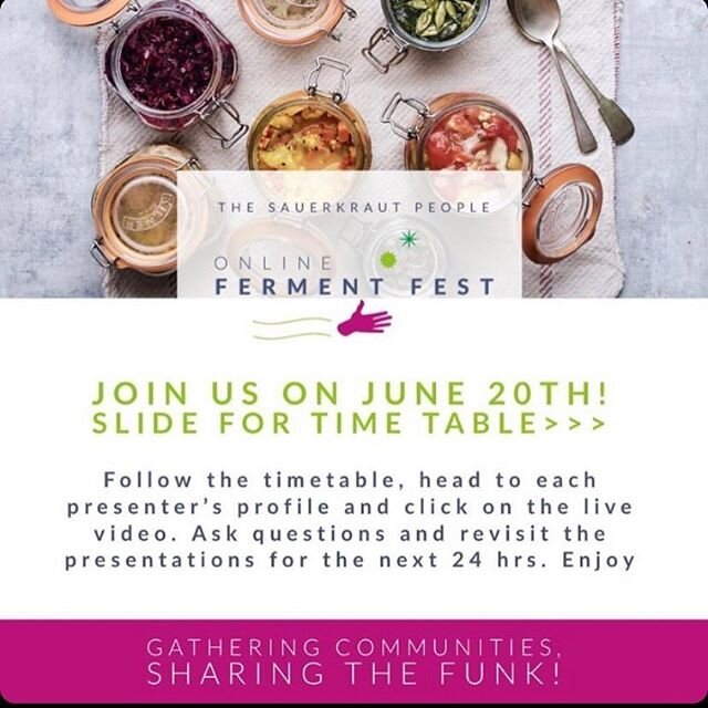 JUNE 20th. FERMENT FEST.
Free, funky ferment fest from 10am GMT, 20.06.20
A whole day dedicated to fermentation. 
Super excited and honoured to be amongst such fab fermenters, sharing their incredible expertise and knowledge.

Swipe across for the fu