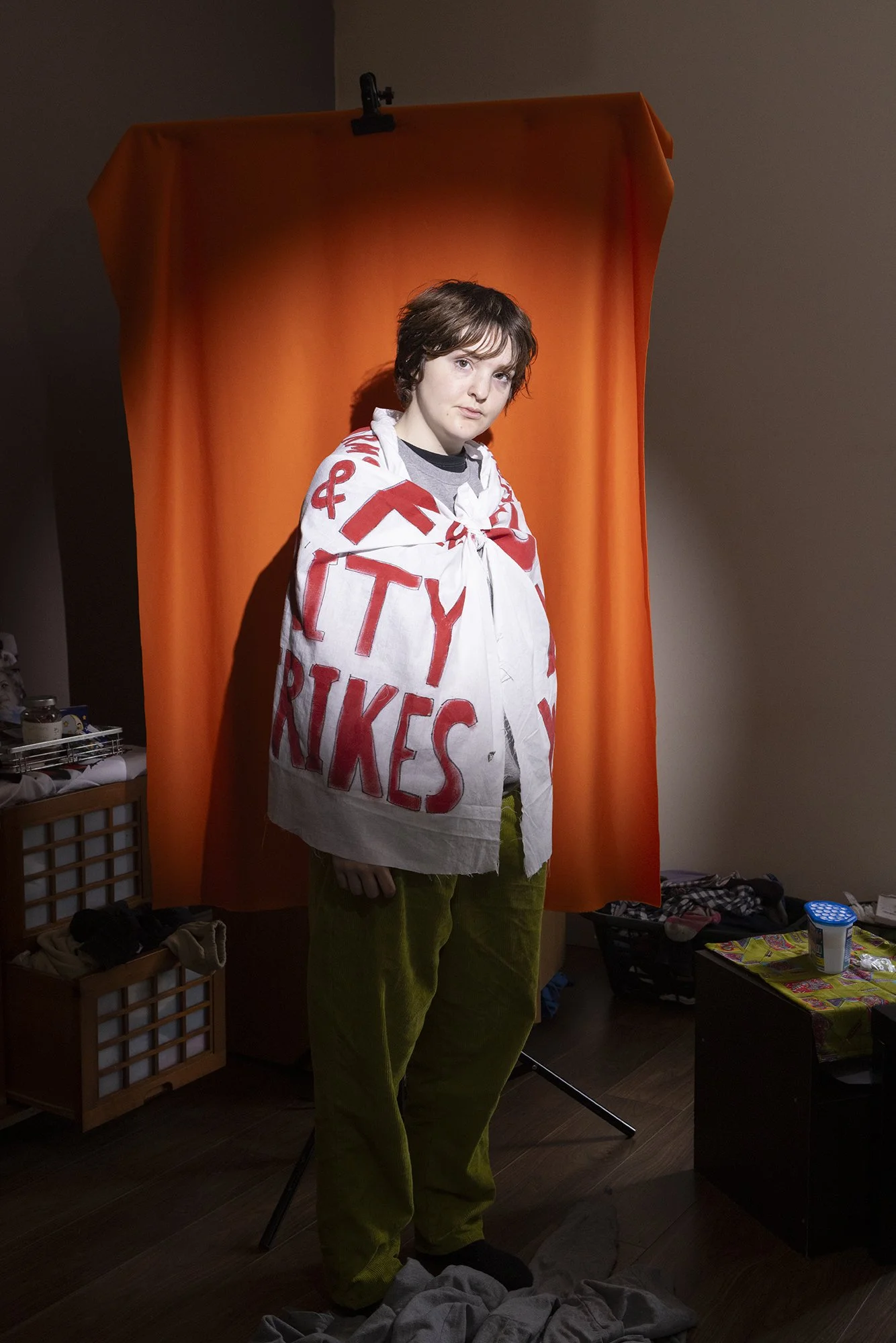 Portrait of Cat Shorthorne in Glasgow Scotland for Nicola Tree’s Civilly Disobedient photography project. The project features women and non binary members of Just Stop Oil community.