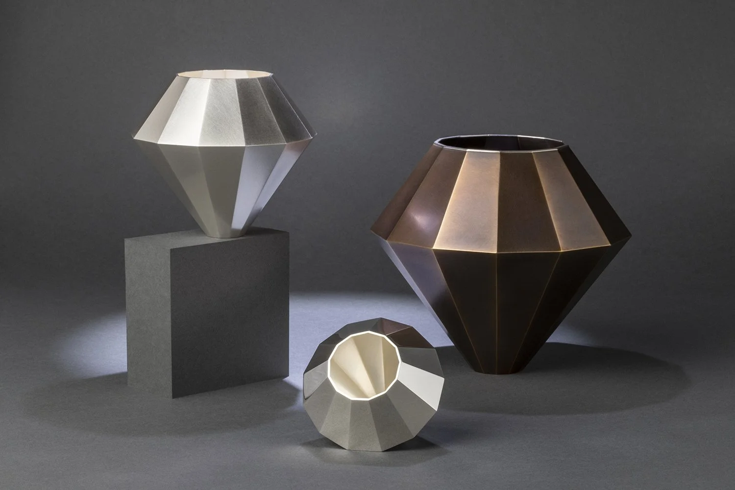 Studio shoot for Silversmith Angela Cork featuring three Paragon vessels