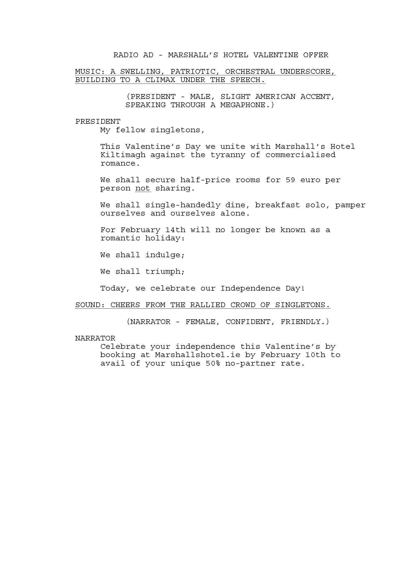 Valentine's Singleton Offer - Alternate Radio Ad Script