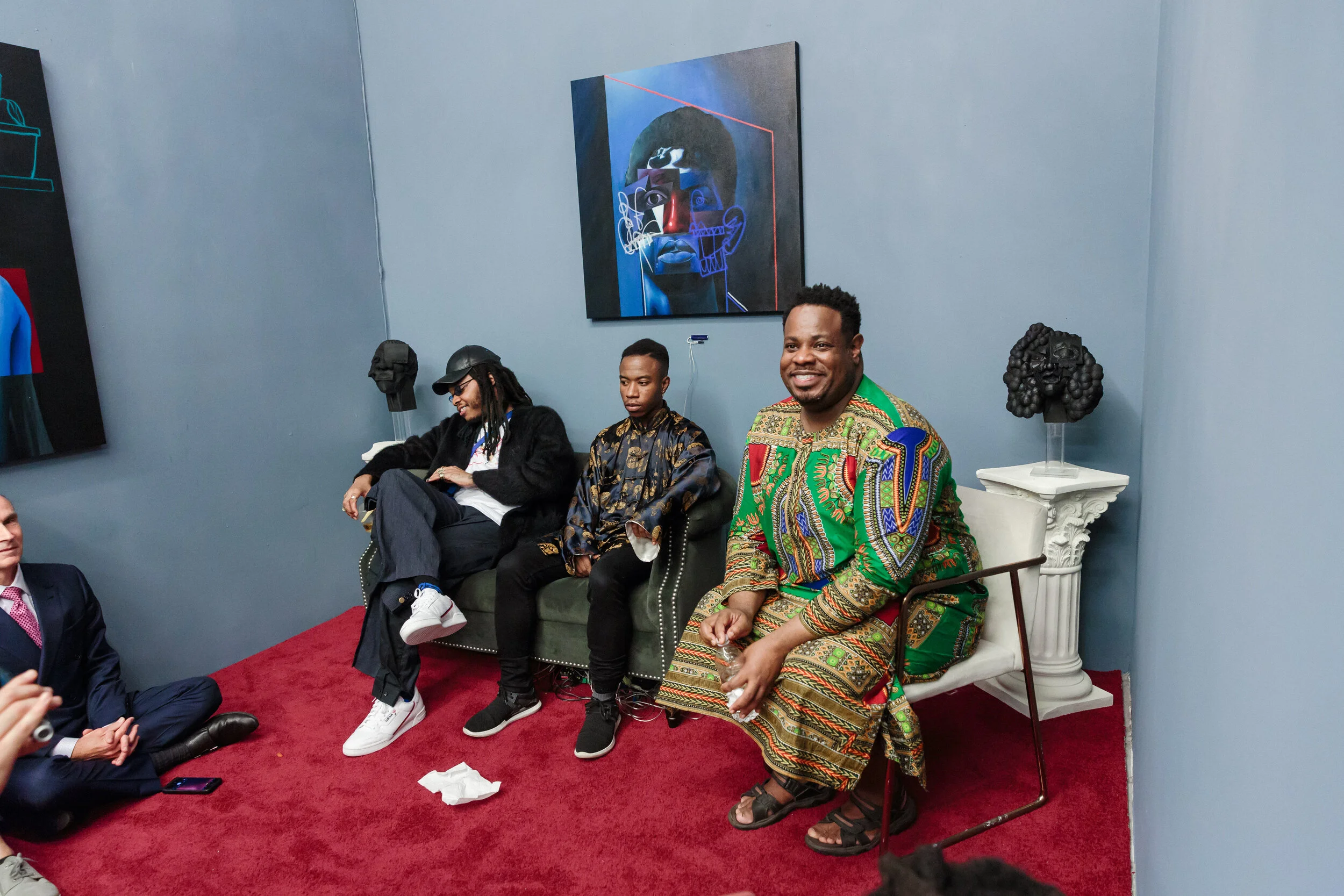 (left to right) artist Malik Roberts, producer J1da, and writer Daniel Dunson, ABXY Gallery, 2018