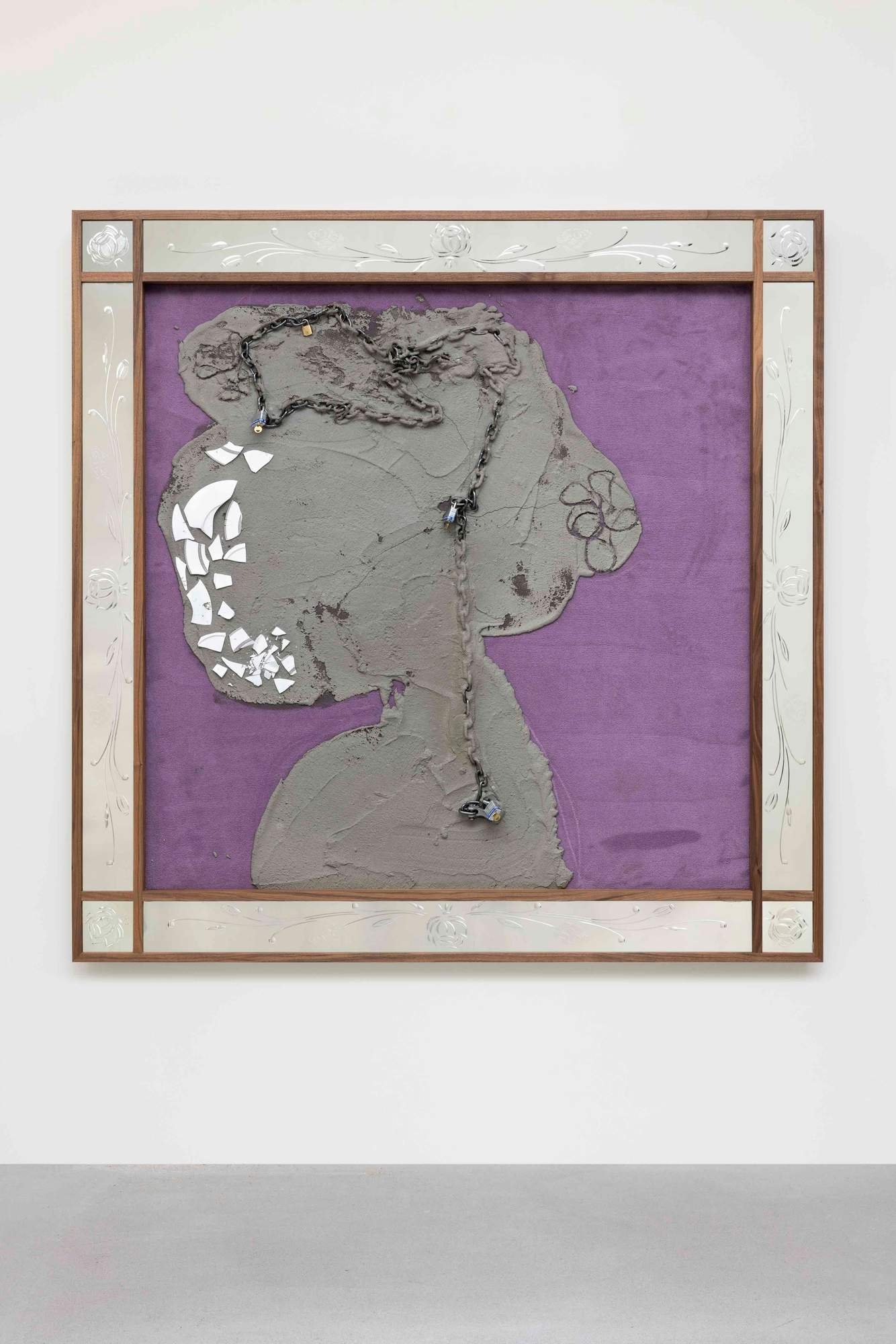 The Invisibles, aka Streets is Watching, P, Milan, 2022 Concrete, porcelain plates and chain on carpet in walnut and diamond cut mirror frame 78 × 78 × 8 inches $ 150,000.00 USD