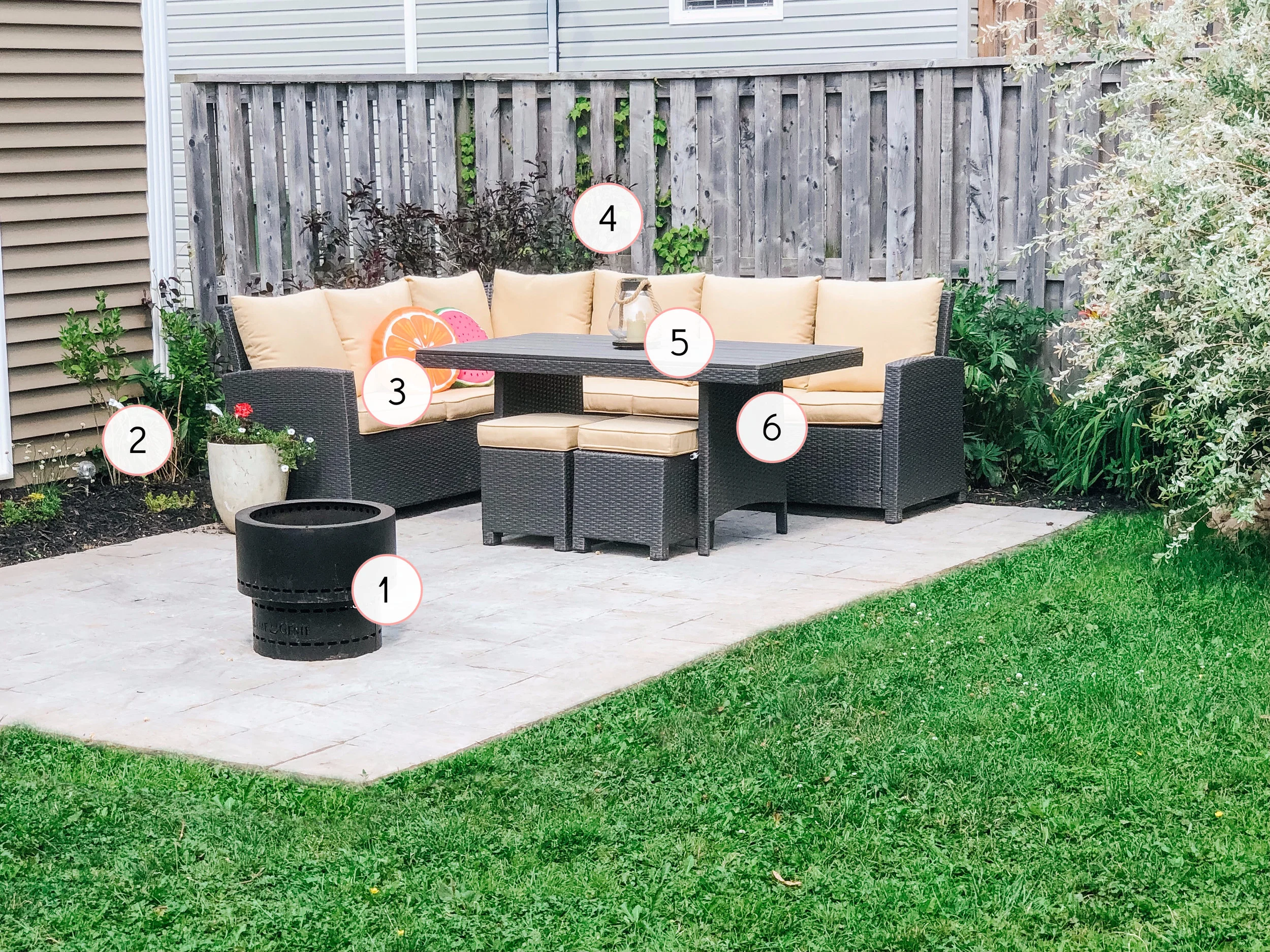 1. Flame Genie 19 / 2. All Flowers, Shrubs & Mulch from Kent Garden Centre / 3. Fruit Pillows / 4. Solar Microdot Lights / 5. Glass Lantern with Rope / 6. Stanhope Banquet Set
