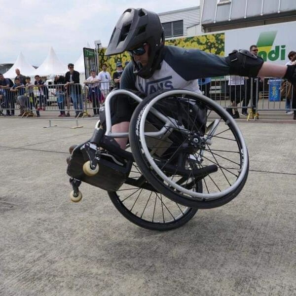 Tomas Woods in his Finch Adaptive Fabrication chair, one wheel 360