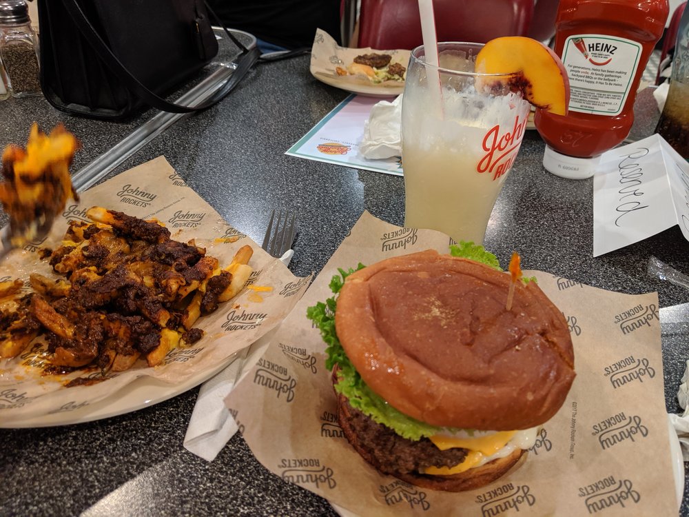 Peach Pit shake! Megaburger! Scott’s chili cheese fries!