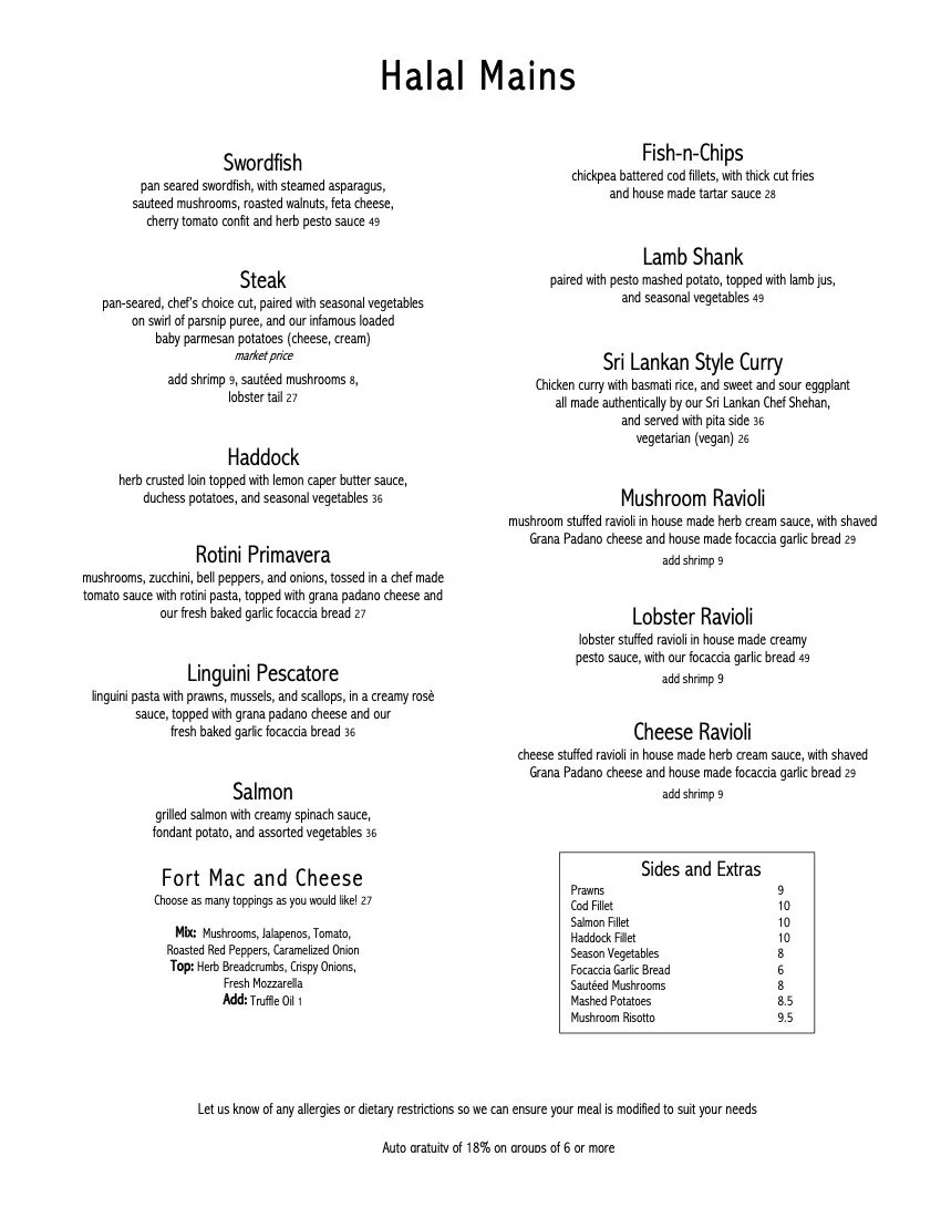 Fort McMurray Surekha Halal Menu
