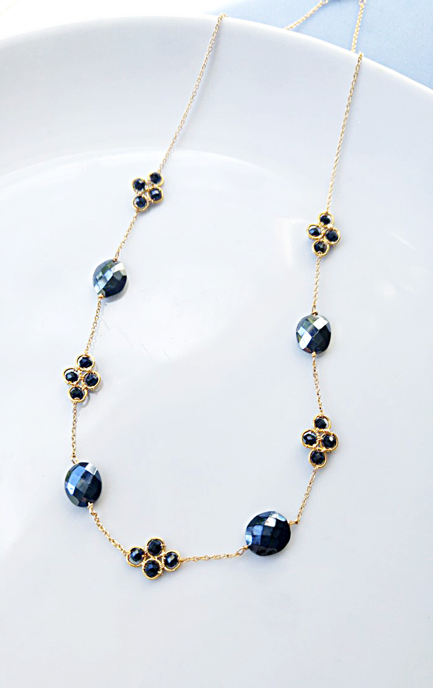 Black Enamel Clover & Initial Necklace (Gold)