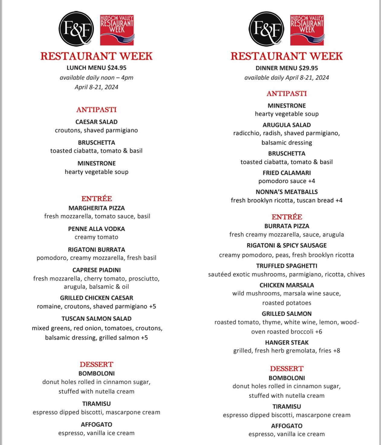 Join us today! 

Hudson Valley Restaurant Week has started! 

We&rsquo;re delighted to invite you for a 3-course prix fixe meal dinner menu starting at $24.95 Lunch &amp; $29.95 for dinner.

SPRING HVRW
April 8th - 21st, 2024
3-course tasting menu

#