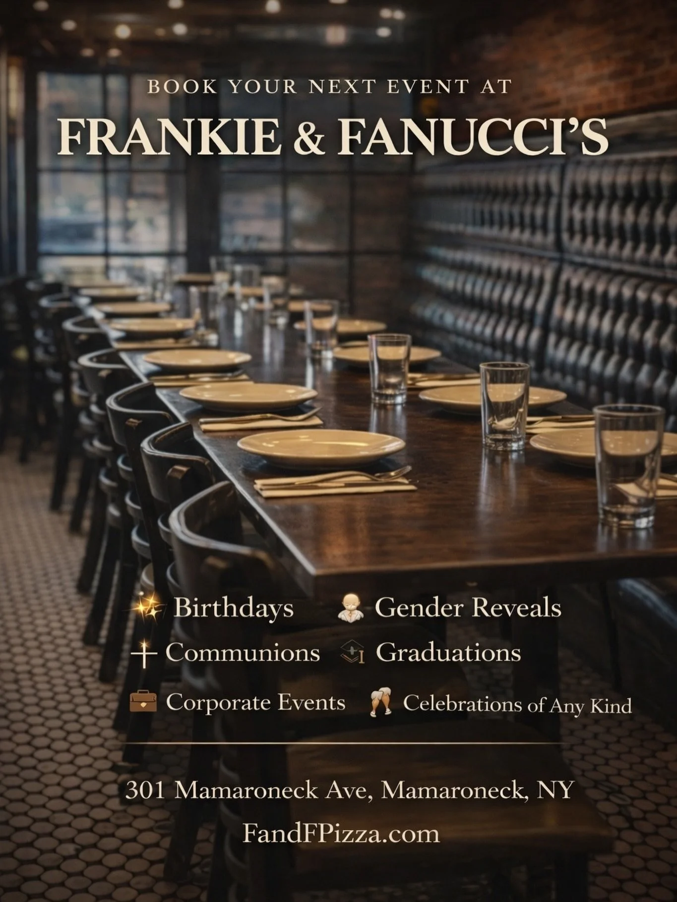 Book your next event at Frankie &amp; Fanucci&rsquo;s 🍕✨

Birthdays, communions, graduations, gender reveals &mdash; whatever you&rsquo;re celebrating, we&rsquo;ve got the space and the vibe.

📍 301 Mamaroneck Ave, Mamaroneck
📲 FandFPizza.com