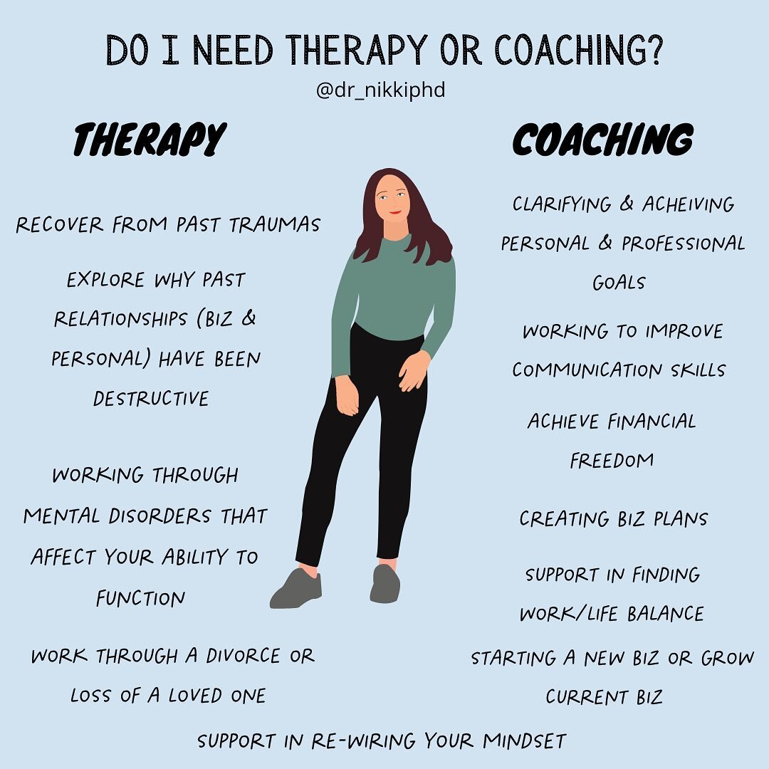 Should I see a therapist or get a coach?

This is an important question since both can be helpful on your personal development and healing journey- however, there are some key differences that you want to be aware of before deciding between the two.
