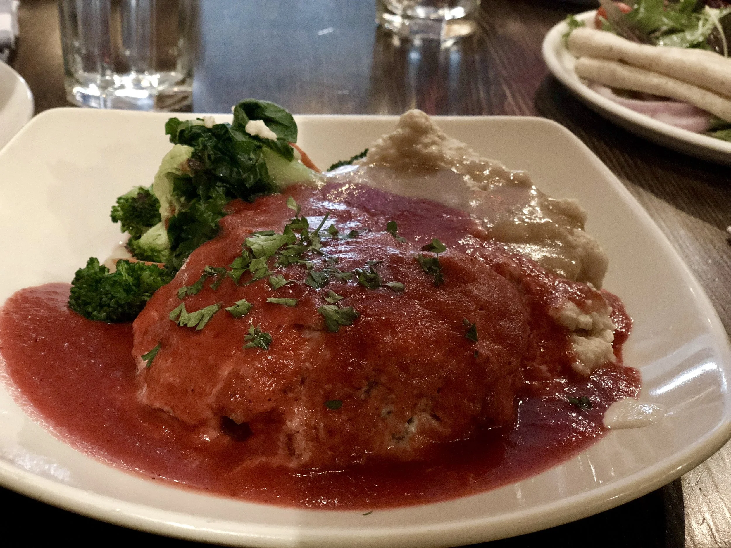 Seitan Parmigiana: Deep-Fried, Stuffed with Tofu & Scallions, Cauliflower-Millet Mash.. This was pretty damn delicious.