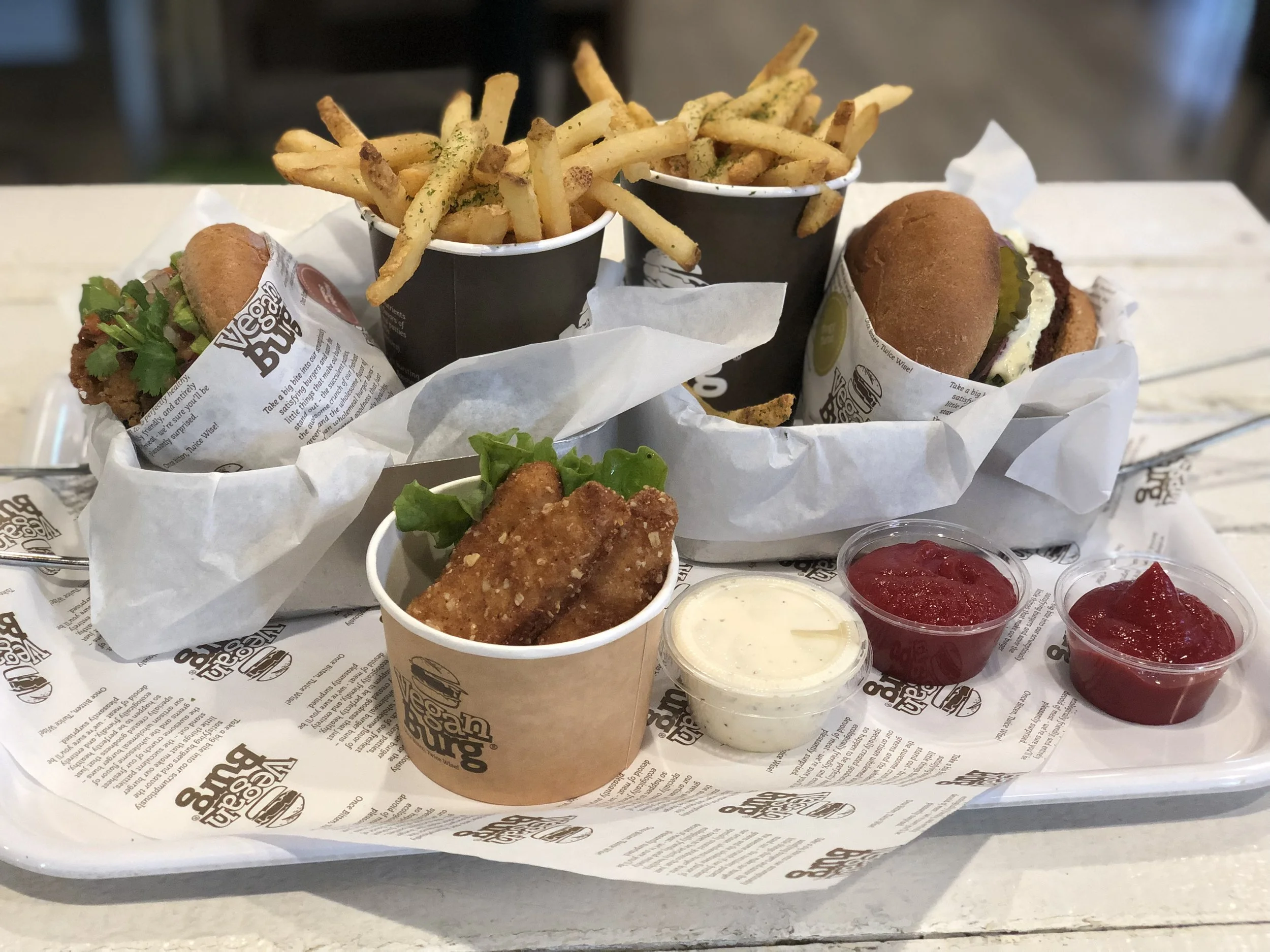 Our meal: two combo meals (burger + fries or broccoli + lemonade), plus chik’n tenders w/ranch dressing.
