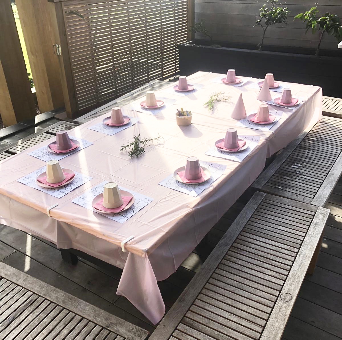 Example of pink themed table set up for 12 children