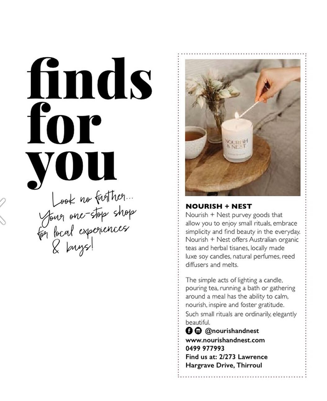 FINDS FOR YOU// ⭐️🤍
Look no further&hellip;. Your one- stop shop for local buys &amp; experiences. 
@nourishandnest @miniwildflower @aisle6ix @truebluefloorcare @coastkids.aus

If you would like to book a FFY for our upcoming winter issue, send us a
