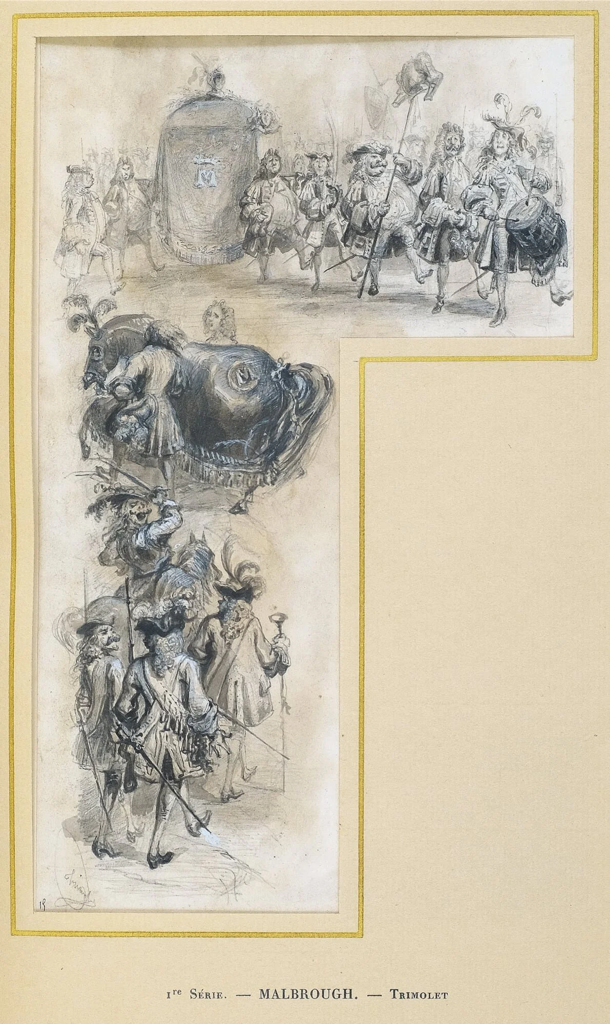  The collection includes 62 drawings by Trimolet, Steinheil, and Henry Émy, as compiled by Laurent Meeûs which were mounted underneath gold-framed mats and then bound by Georges Mercier in a master binding of midnight-blue morocco [no. 119]. 