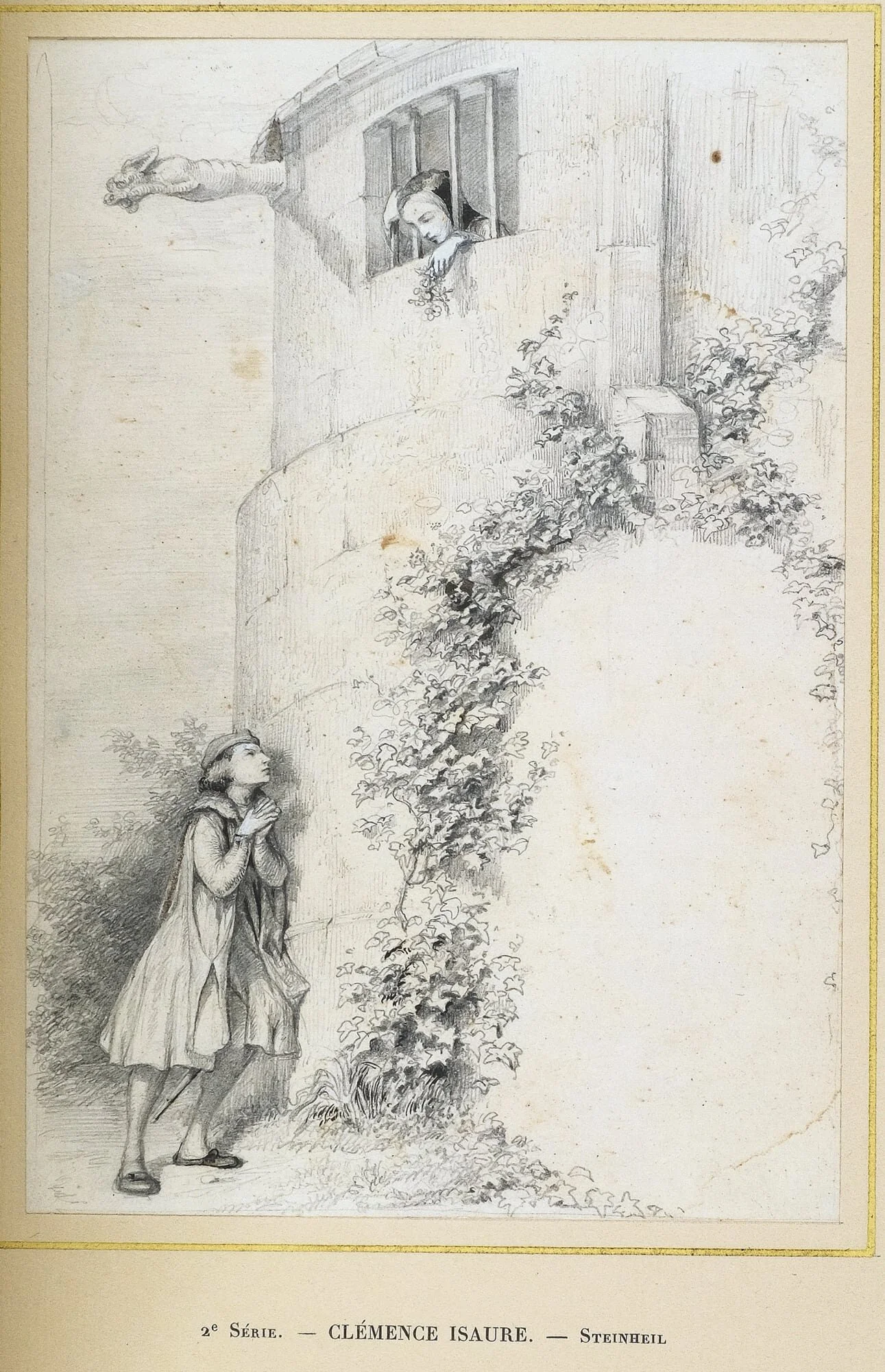  The collection includes 62 drawings by Trimolet, Steinheil, and Henry Émy, as compiled by Laurent Meeûs which were mounted underneath gold-framed mats and then bound by Georges Mercier in a master binding of midnight-blue morocco [no. 119]. 