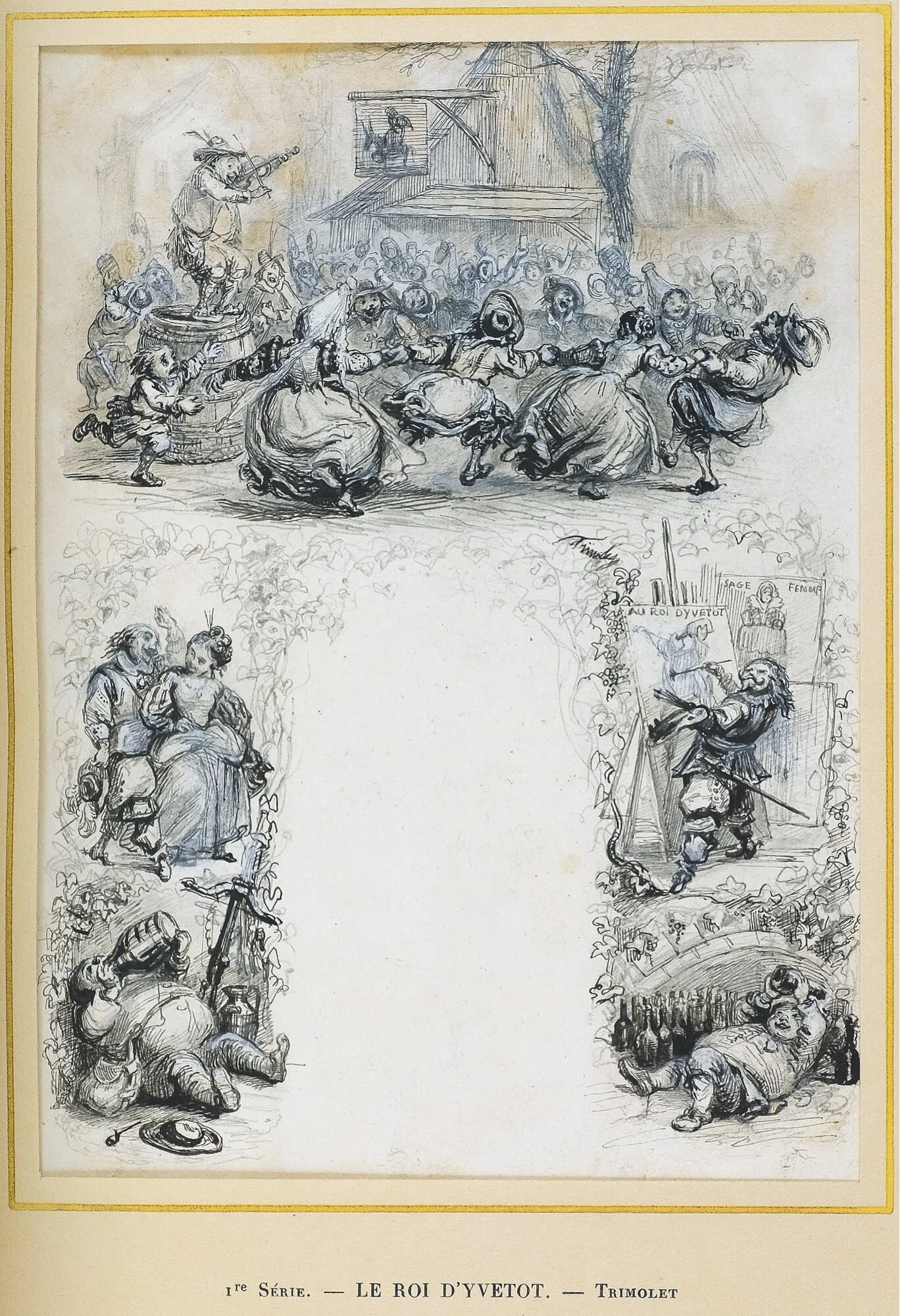  The collection includes 62 drawings by Trimolet, Steinheil, and Henry Émy, as compiled by Laurent Meeûs which were mounted underneath gold-framed mats and then bound by Georges Mercier in a master binding of midnight-blue morocco [no. 119]. 