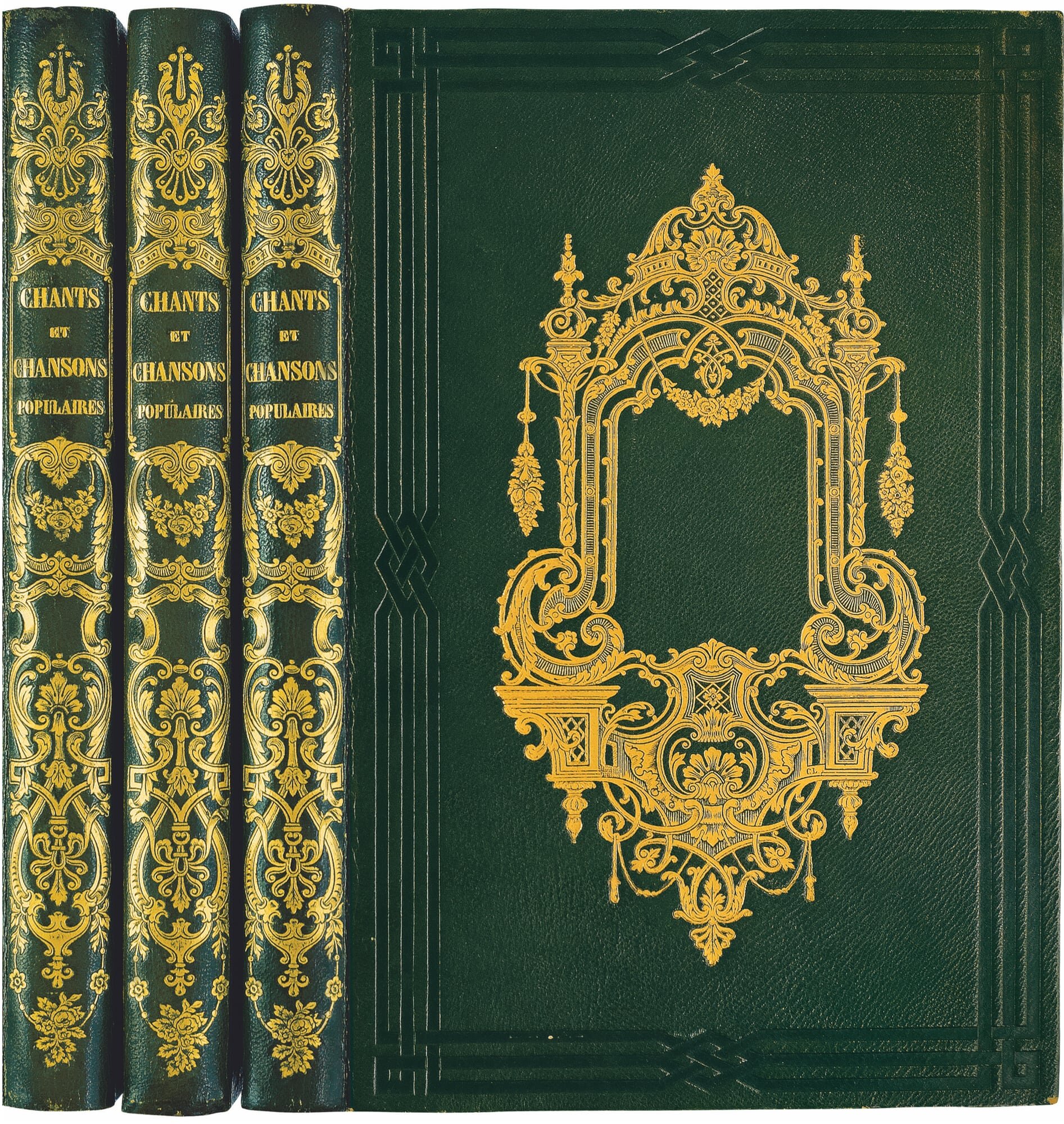  A variation of Boutigny's luxury publisher’s bindings in dark green morocco [no. 118], to which 71 drawings, mostly by Steinheil and Trimolet, were added, as well as 54 unique proofs of the song lyrics on large China paper. 