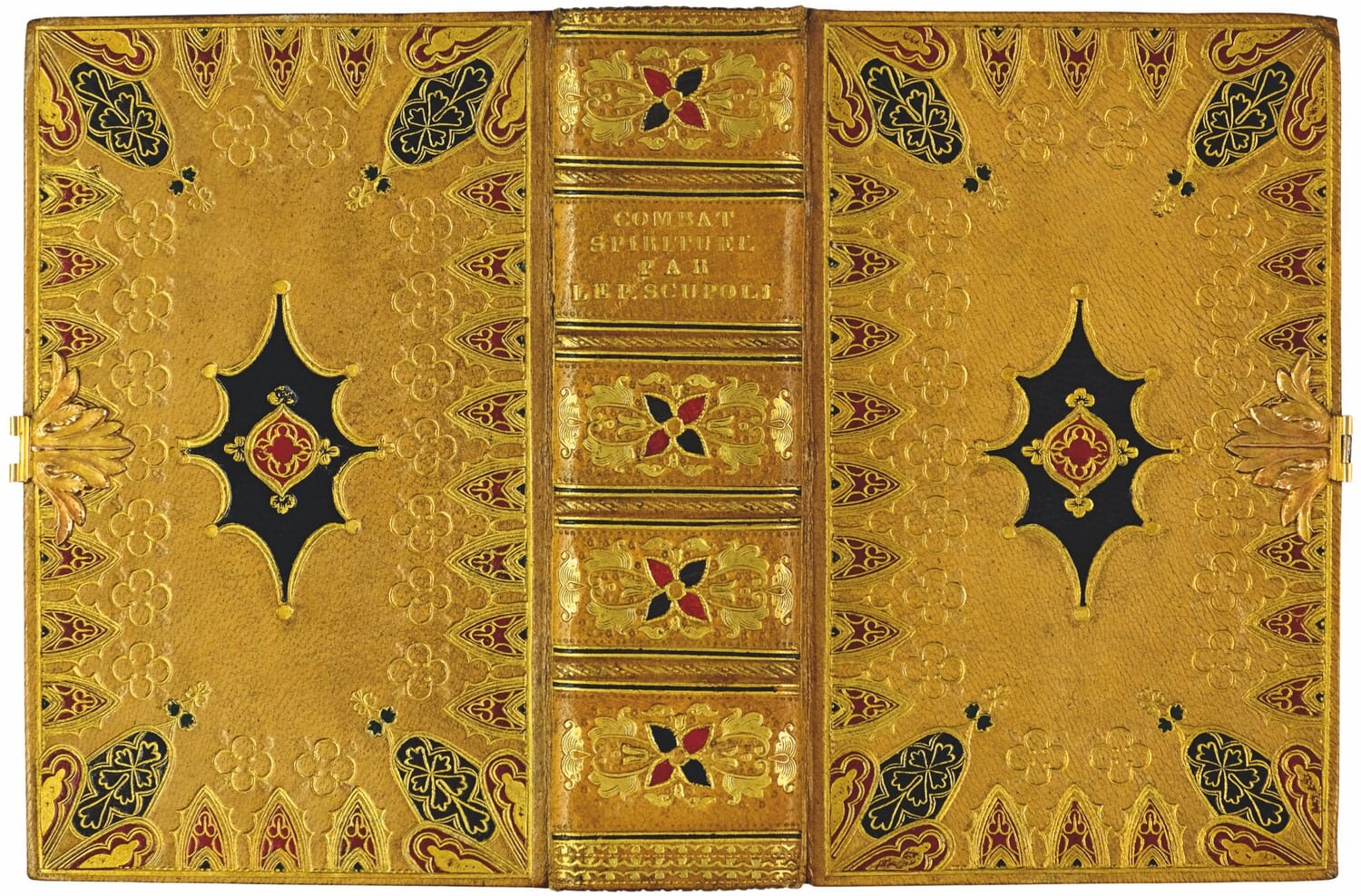  Unusual is the ogival border on the binding for Lorenzo Scupoli's  Le combat spirituel  [no. 554], created by the Viennese bookbinder Joseph Drechsler. 