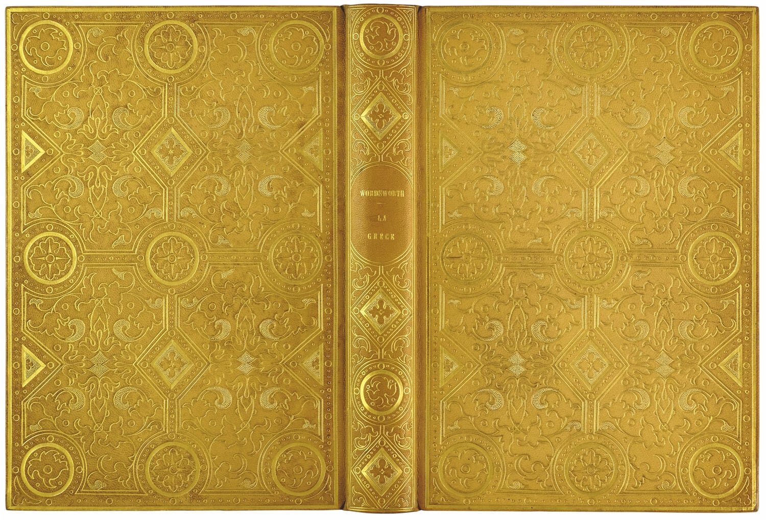  The fanfare style of the 16th century is mimicked by the all-over gold-plated cover of Christopher Wordsworth's  La Grèce pittoresque et historique  [no. 598] 