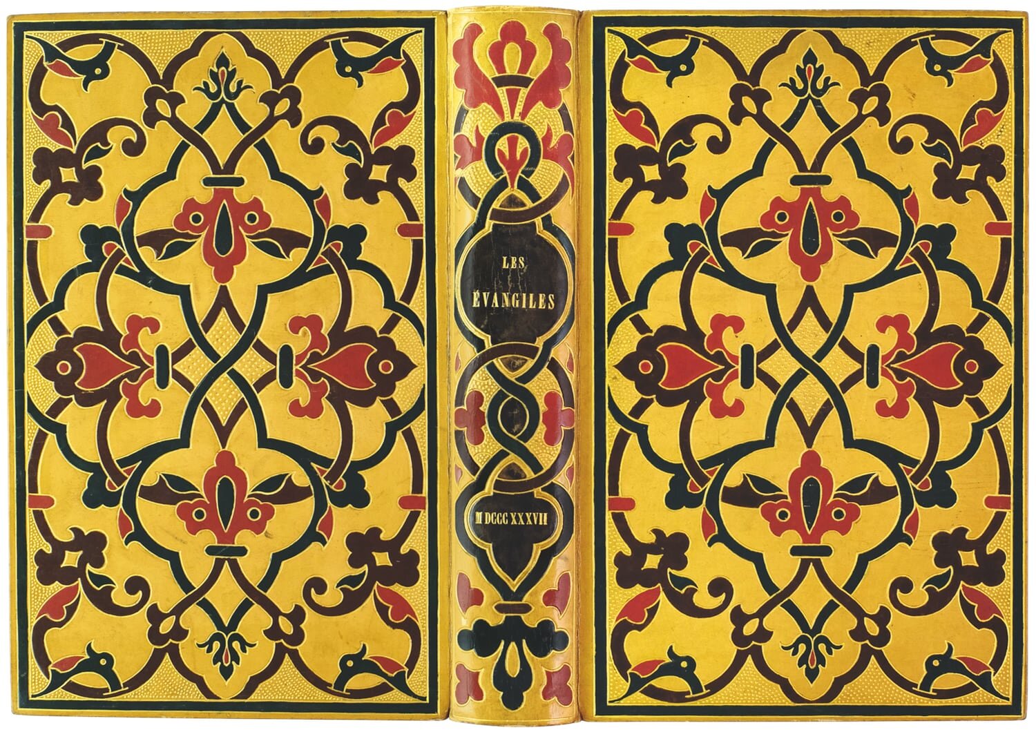  The binding for  Les évangiles  was inspired by Renaissance-era wax coloured mosaic bindings, while the punched gilt edge is painted with miniatures of the Evangelists [no. 191] 