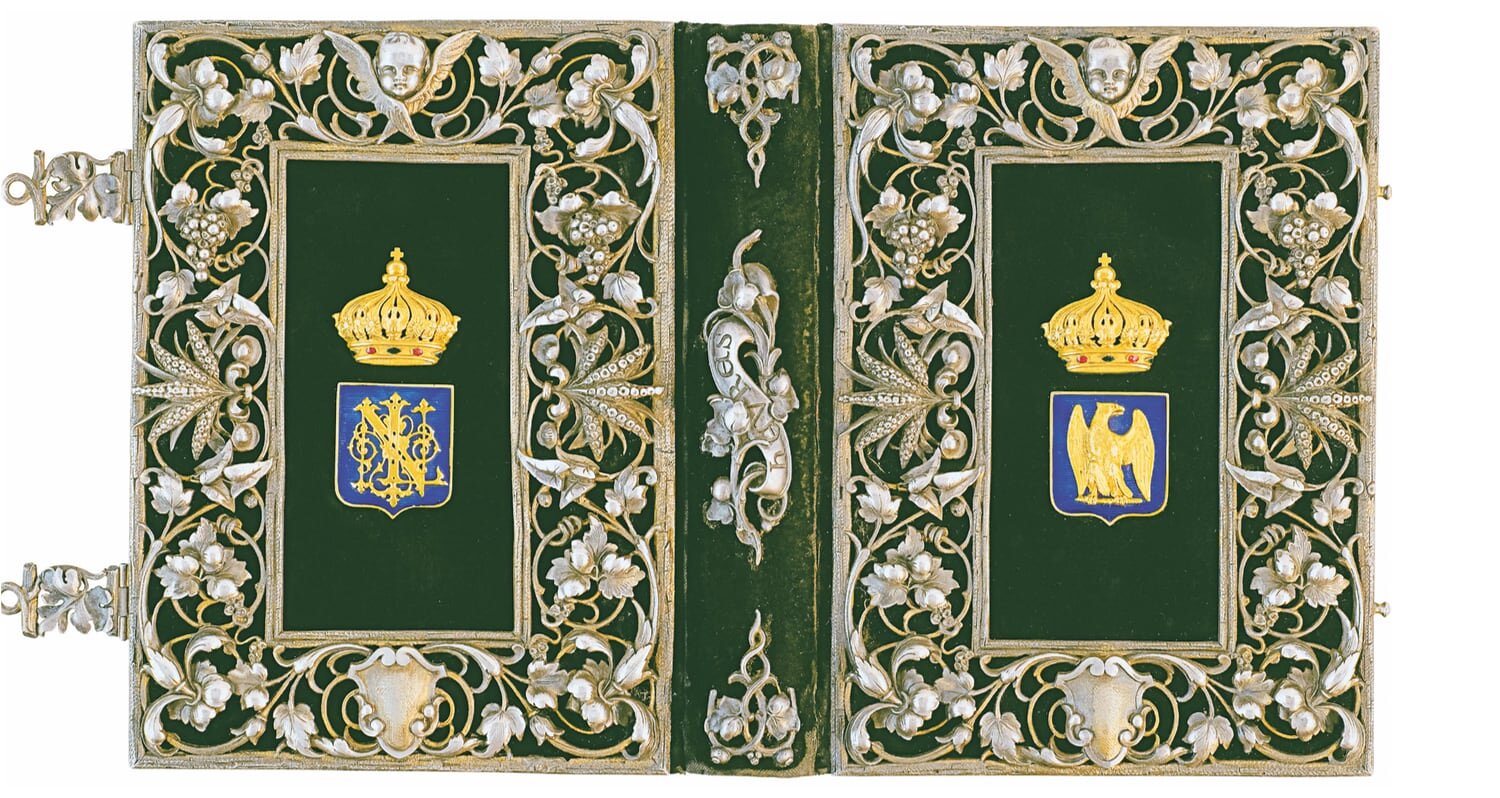  The two books of hours not only flaunt decorations of silver, gold, and precious stones, but they are of the highest provenance: one belonged to Princess Alicia of Bourbon-Parma [no. 418], the other to Emperor Napoleon III [no. 417] 