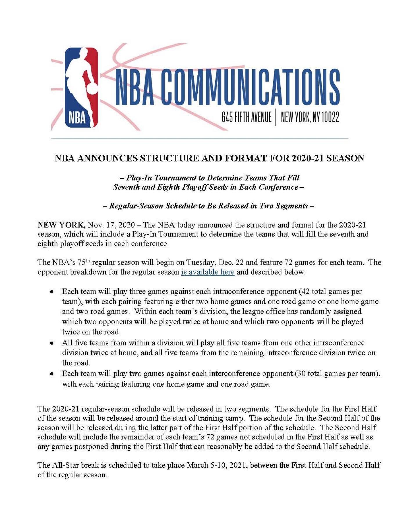 Ahead of the #NBADraft the NBA announce the structure and format for the 2020-21 season.

Below is the tentative schedule calendar for the 2020-21 season:

- Dec. 11-19, 2020: Preseason games
- Dec. 22, 2020 &ndash; March 4, 2021: First Half of regul